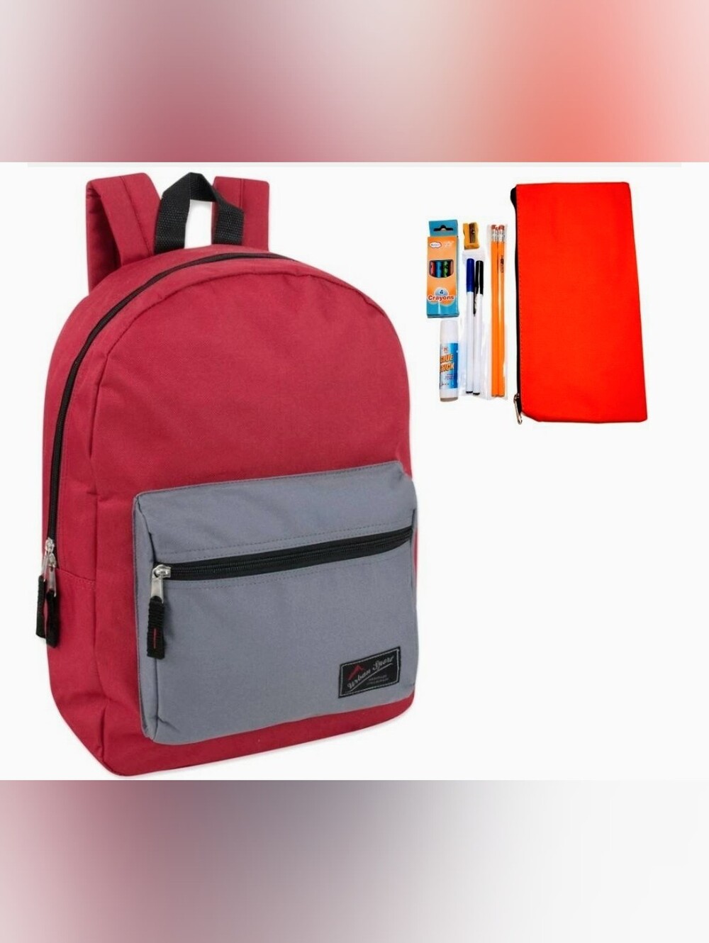 Kids Two-Tone Red and Gray Casual Backpack with Front Pocket & FREE Pencil Case